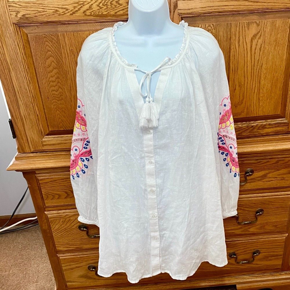 Charter Club Luxury Linen Embroidered Peasant Blouse White Boho Women's 3X